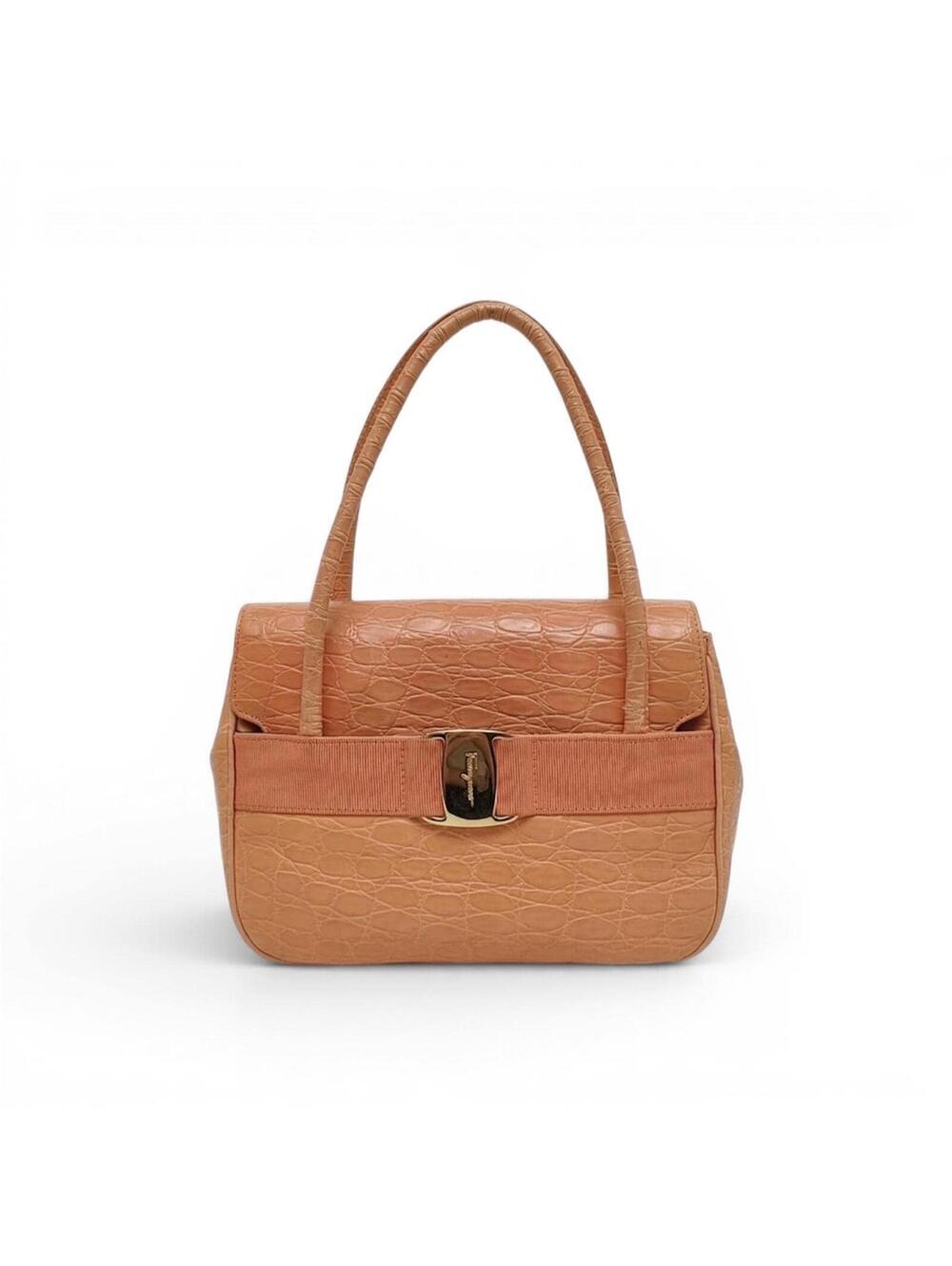 Salvatore Ferragamo Vintage Croc Embossed Leather Shoulder Bag Orange Gancini - Picture 1 of 7